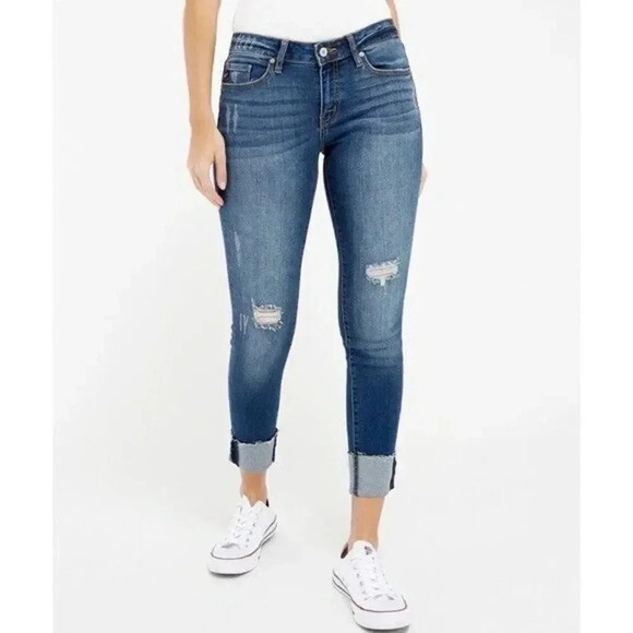 KanCan Medium Wash Distressed Cuff Bottom Skinny Jeans 25 - Picture 1 of 5